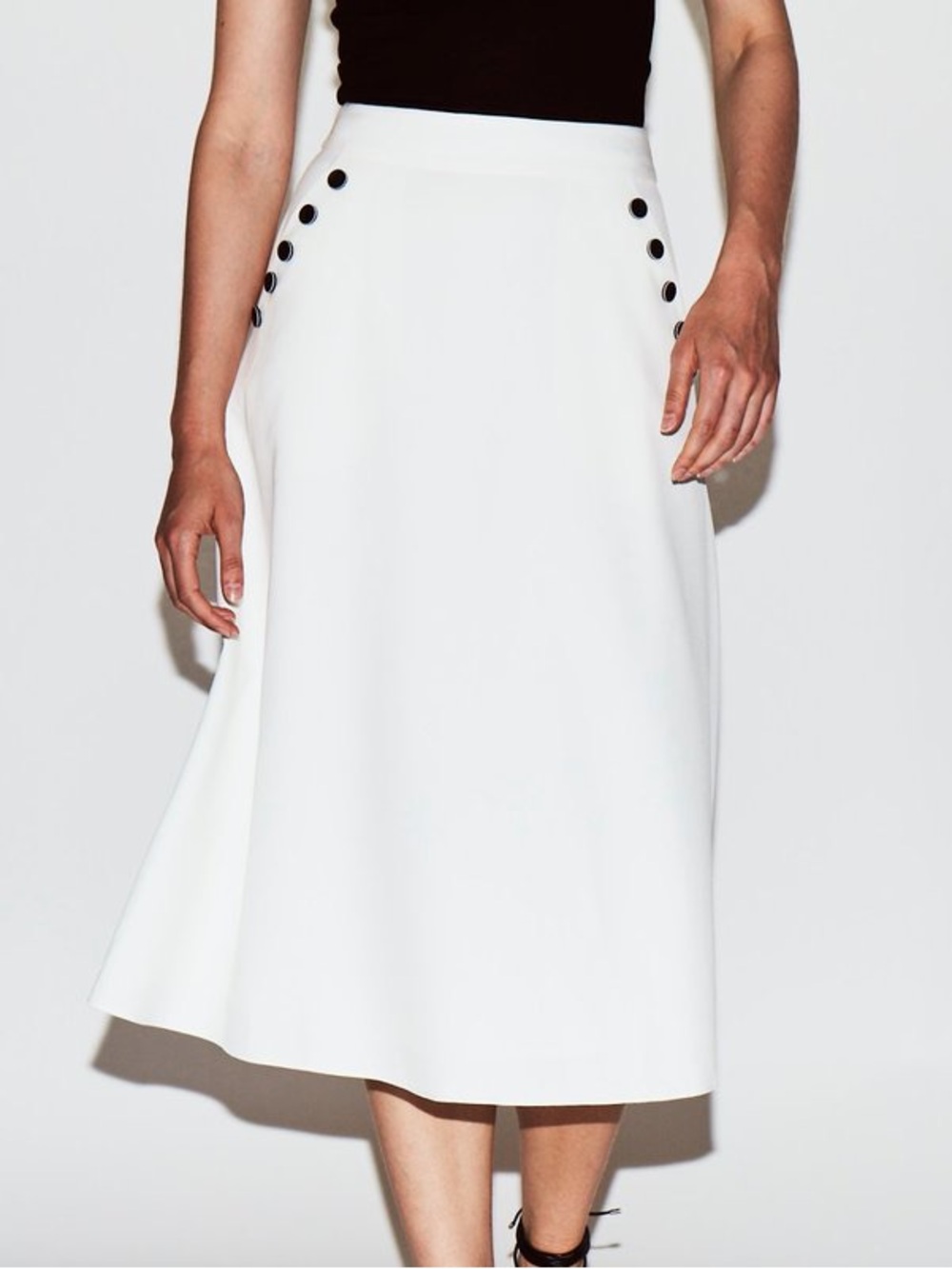 White House Black Market White A-Line Midi Skirt with Black Button Accents - Picture 2 of 10